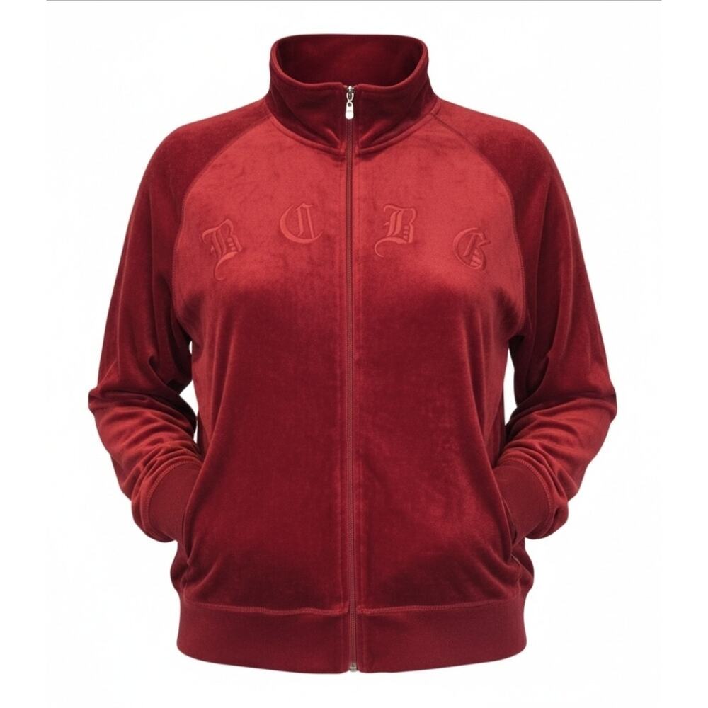 BCBG MAXAZRIA Y2K Women's Red Embroidered Full Zip Velour Track Jacket | 2X EUC